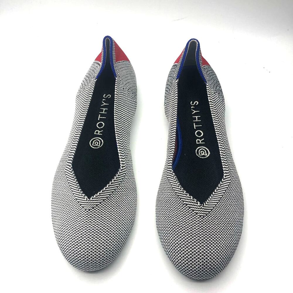 Rothy's Black & White Herringbone Flats with Red Heel Accents